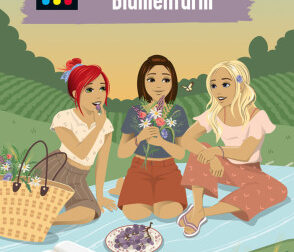 Buchcover: drei Mädchen sitzen auf einer Picknickdecke vor einem Sonnenuntergang. das Mädchen in der Mitte hält einen Blumenstrauß in der hand. das Buchcover gehört zu der Kinderbuchreihe "Die drei !!!" und ist band 109 der Kinderbuchreihe "Tatort Blumenfarm"