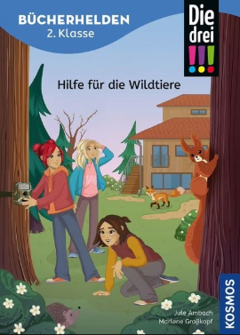 Drei Mädchen auf einer Wiese, die Atmosphäre ist herbstlich. Ein Mädchen kniet vor einem Strauch, unter dem ein Igel hervorlugt. Im Hintergrund ist ein Haus zu sehen. Es handelt sich um ein illustriertes Buchcover